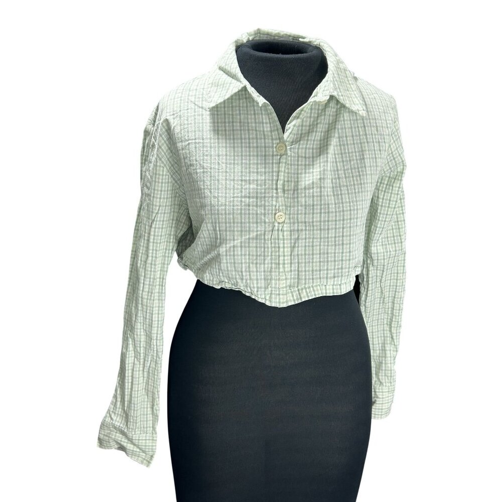 H&M Divided Womens Cropped Green Plaid Button-Up Shirt Long Sleeve Lightweight C